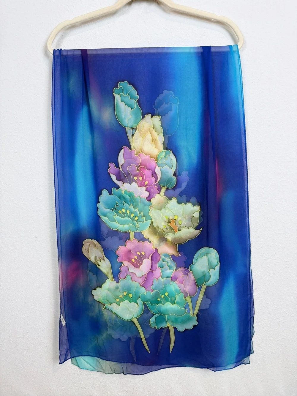 Hand-Painted Blue Floral Silk Scarf 20x63”